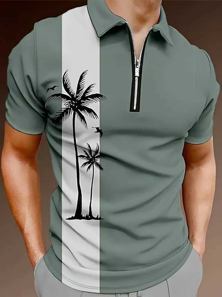 Mens casual breathable short sleeved shirt with collar and zipper fashionable business office summer T-shirt new top W241104