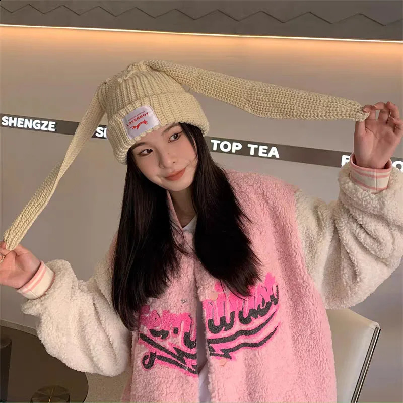 Y2k Knitted Wool Rabbit Ears Hat Love Boy n Personality Men Women Cute Fashion Warm Autumn Winter Trendy Hats 241105