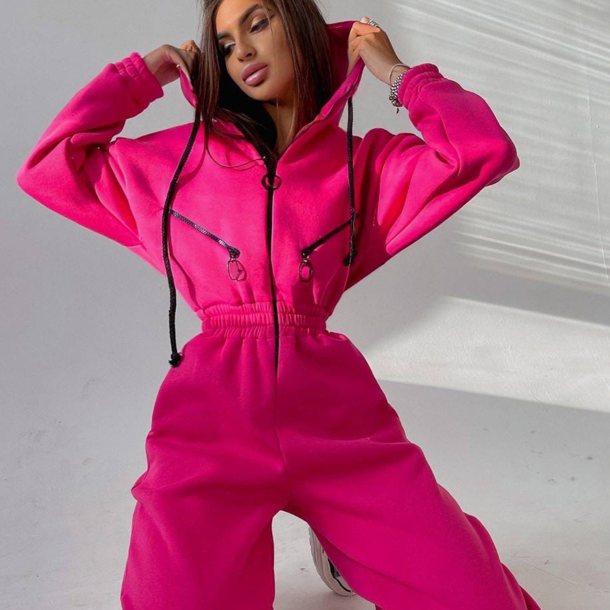Autumn And Winter New Casual Women's Jumpsuit Solid Color Long-Sleeved Hooded Sportswear Zipper Tracuit For Female Tracuit