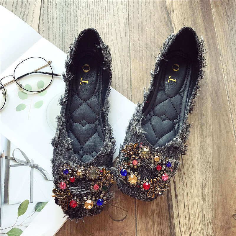 2023 Autumn New Fashionable Versatile Water Diamond Buckle Square Head Cloth Flat Follow For Women Soft Bottom Bean Shoes