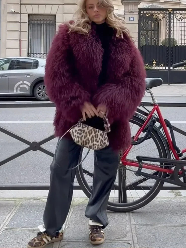 Winter Solid Faux Fur Thicken Midi Women Bury Long Sleeve Lapel Loose Warm Coat 2024 Vintage Street Female Outerwear