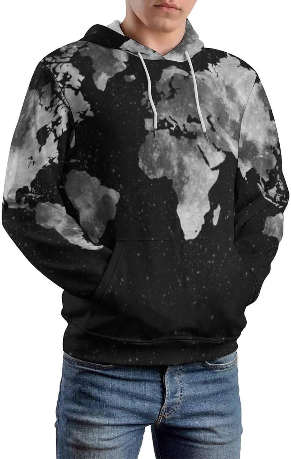 Hoodie for Mens Womens Black And White Vintage World-Map Hoodies for Men 3D Print Pullover Hooded Drawstring Loose Sweatshirt with Big Pockets Graphic