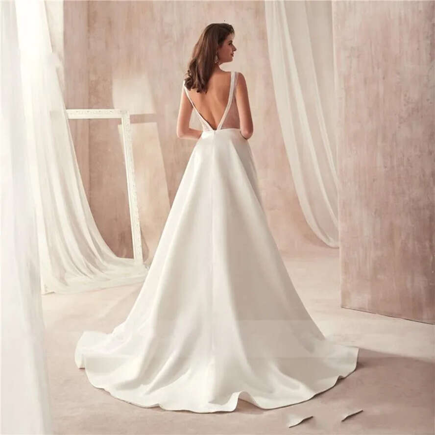 Plus Sexy Cheap Size Dresses With Pocket Satin Deep V Neck Open Back Or Length Wedding Dress Bridal Gowns Robes De Marie
