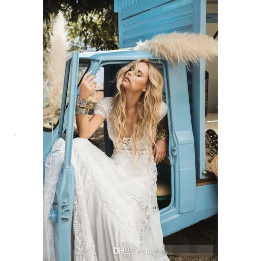 Vintage Simple A E Dresses Chiffon Lace Sexy Deep V Neck Short Sleeves Boho Beach Wedding Bride Gowns