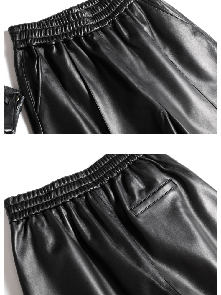 Easy Streetwear Bermuda Shorts Women Pockets Wide Leg Lambskin Midi Long Authentic Leather Pants Apricot Casual Femme Pantalon