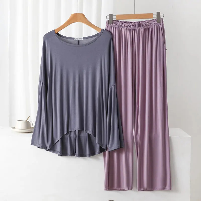 Model Skin-Friendly Long-Sleeved Trousers Pajamas Suit Womens Spring Autumn Section Loose and Comfortable Home Service 2-Piece 241105