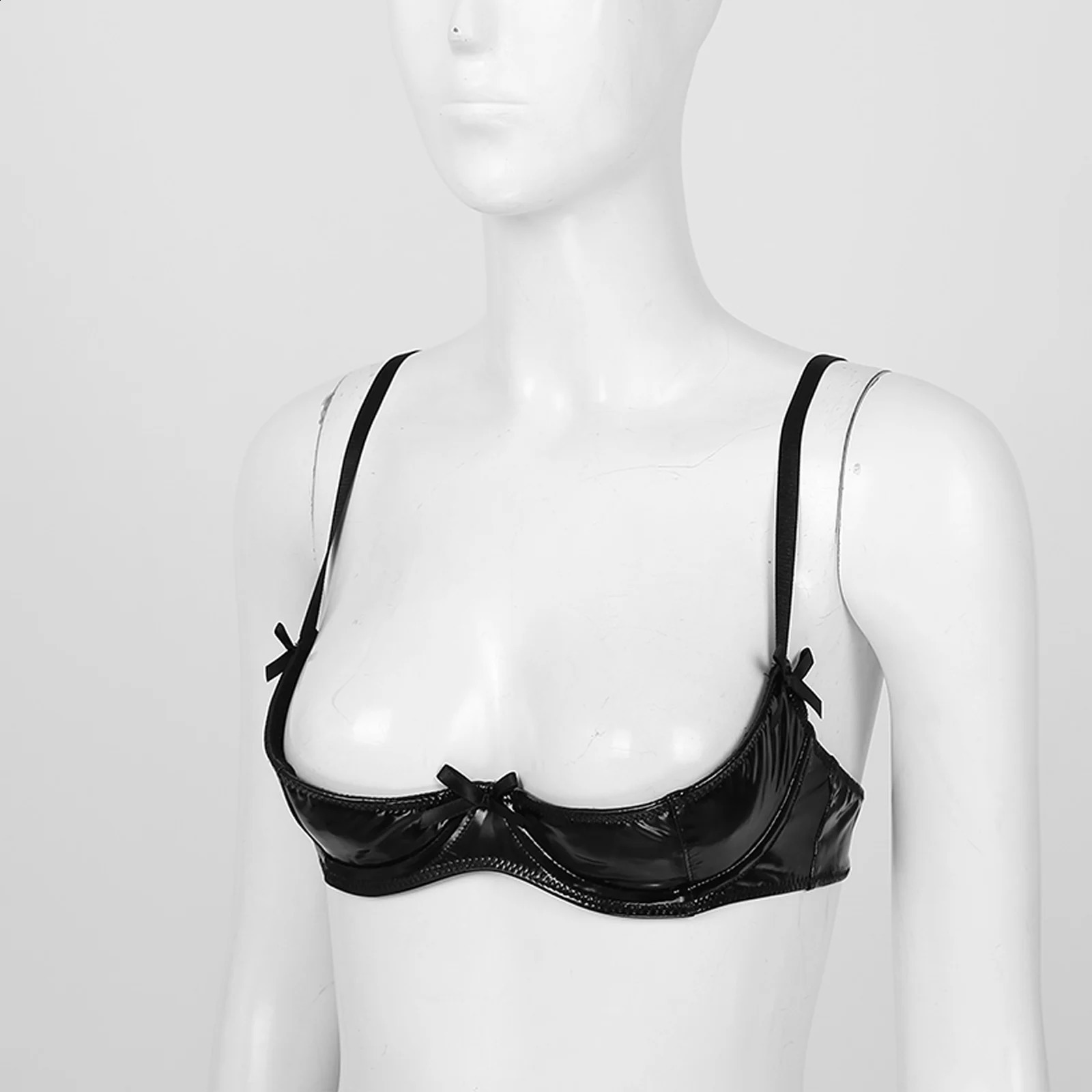 Women Sexy Wetlook Patent Leather Bra Erotic Breast Exposing Ladies Open Cup Latex Tops Porn Nightwear Llingerie 241105
