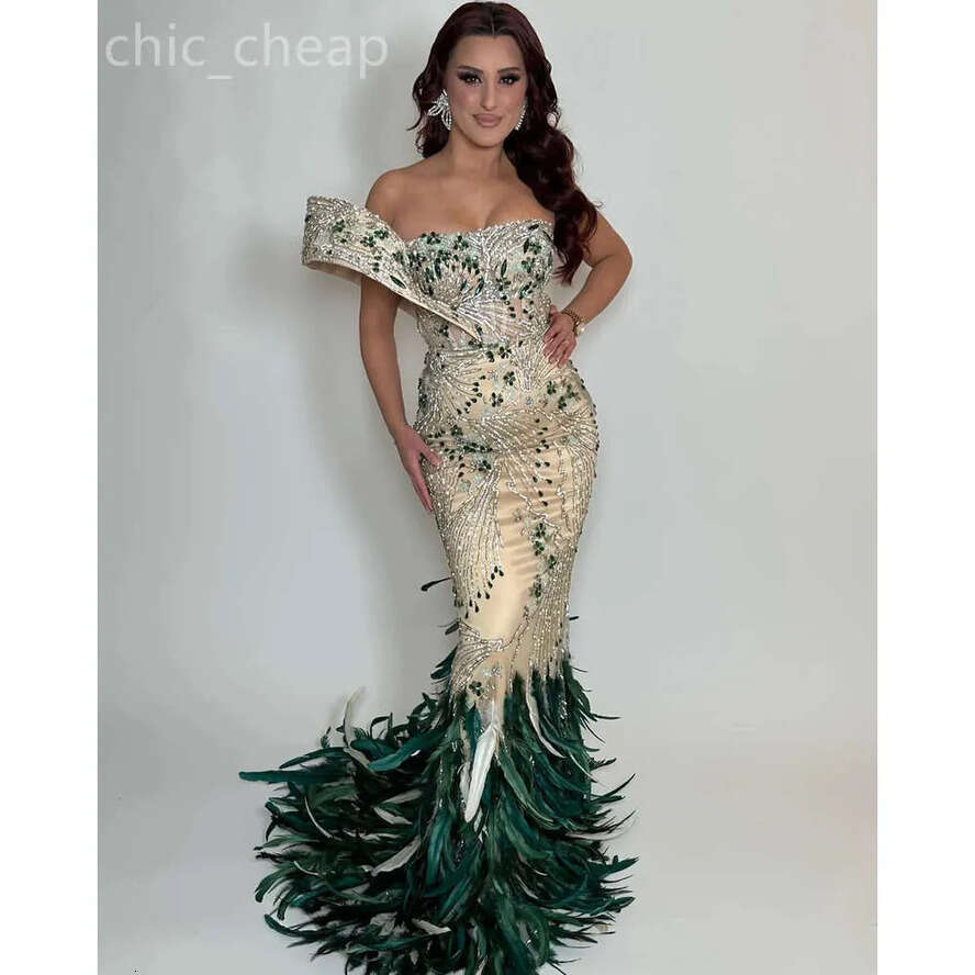Ebi Illusion Mermaid Aso Prom Dress Beaded Crystals Feather Evening Formal Party Second Reception Birthday Engagement Gowns Dresses Robe De Soiree Zj 