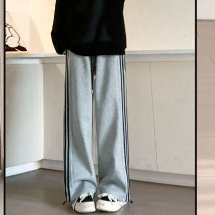 shanshi three stripes pants White gray three bar sports pants for women 2024 versatile spring and autumn winter high waisted loose leg binding America