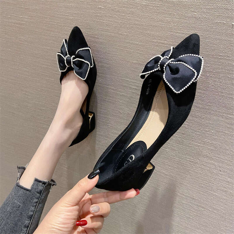 Korean Version 2023 Spring Mid Black Daily Coarse Heel Fashionable Women's Fabric Pointed Shallow Mouth Low Top High Heels