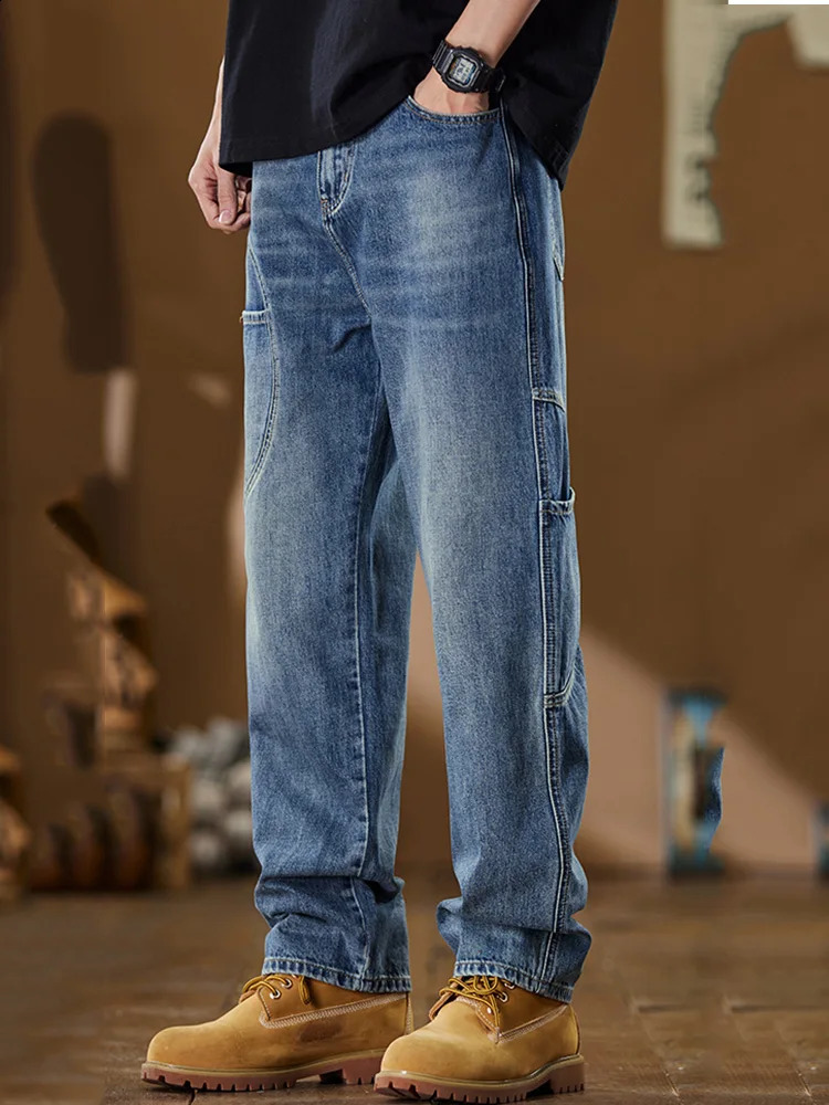 Korean Mens Casual Simplicity Solid Color Blue Long Loose Jeans Classic Male Straight Denim Wideleg Baggy Streetwear Pants 241105