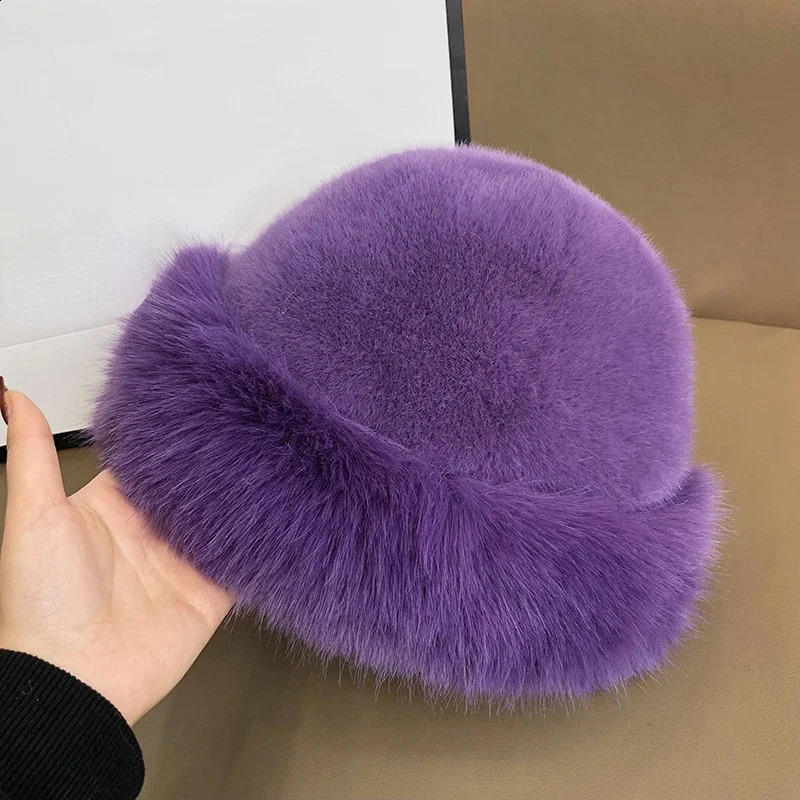 y Faux Mink Fur Bucket Hat for Women Ins Winter Fluffy Plush Warm Fisherman High Quality Thicken Beanies 241105