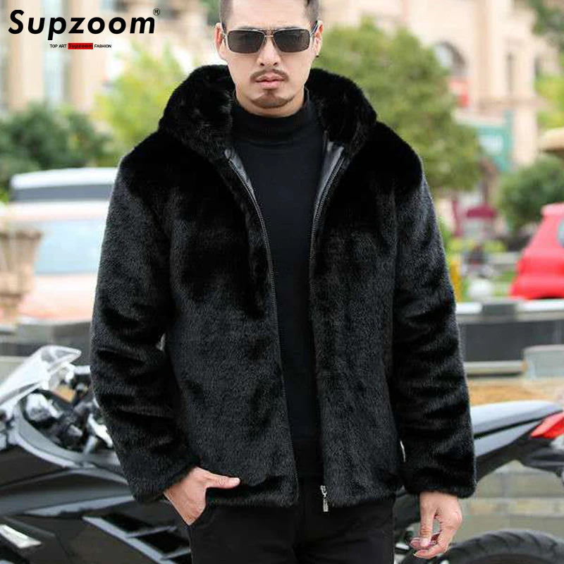Supzoom Arrival Top Fashion Winter Warm Flowing Gold Mink Sheep Sheared Fur Zipper Mens Solid Hooded Jacket 241104