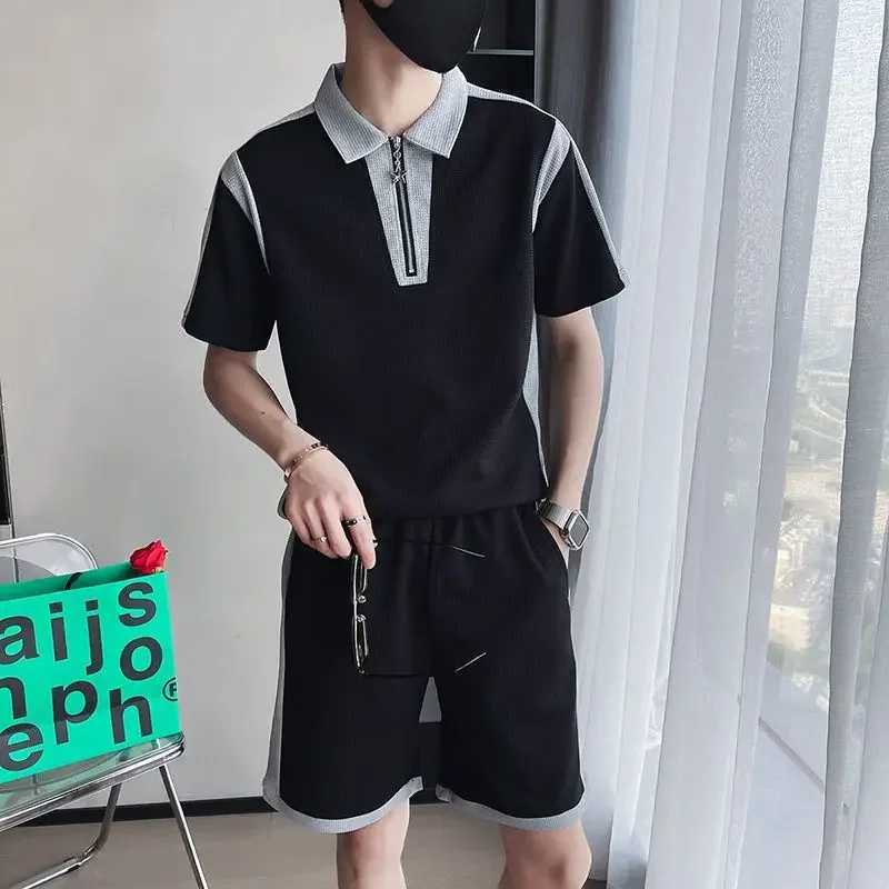 Plain weave mens T-shirt and shorts set Korean top elastic sportswear high quality new matching cool and loose mens clothing W241104