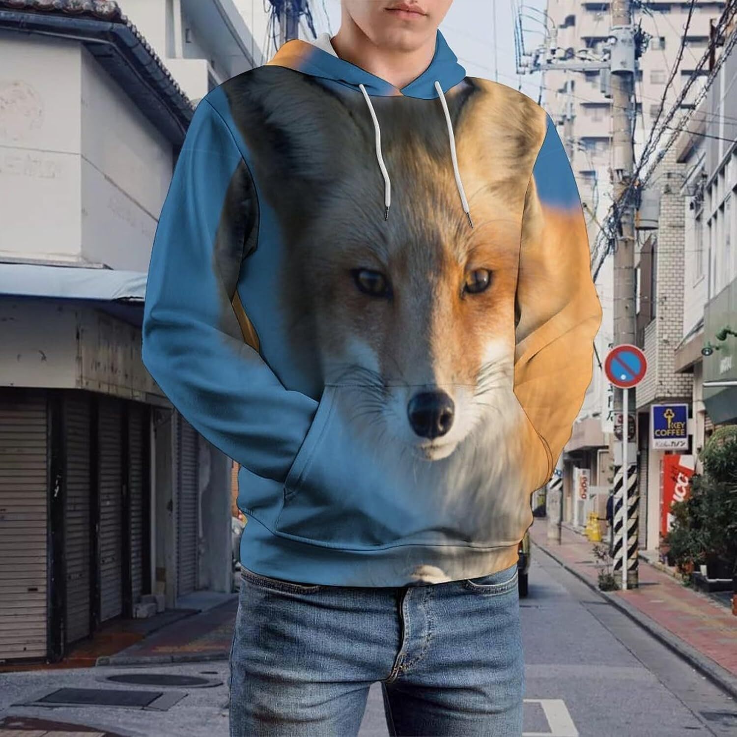 Hoodie for Mens Womens Red Fox Face Hoodies for Men 3D Print Pullover Loose Sweatshirt with Big Pockets Graphic Hoodies sweatshirt Fashionable