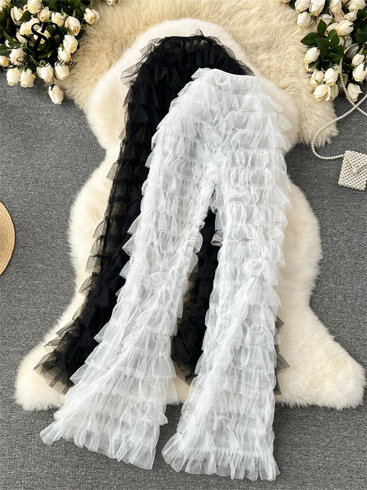 SINGREINY Fashion Mesh Long Pants Women Tierred High Waist American Fashion Streetwear 2024 Y2k Vintage Sheer Flare Trousers 241105