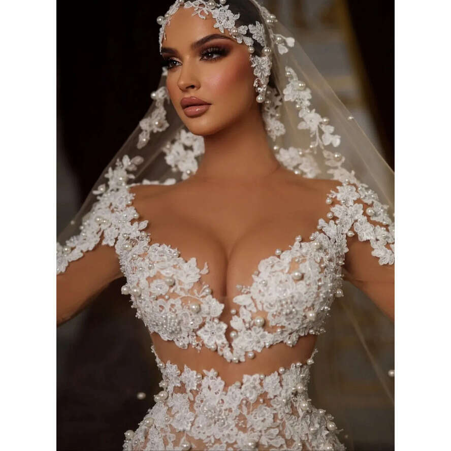 Lace Mermaid Ful Wedding Dress Pearls Applique Strapless Bridal Gowns With Overskirts Bride Dresses Custom Made Vestido De Novia Es