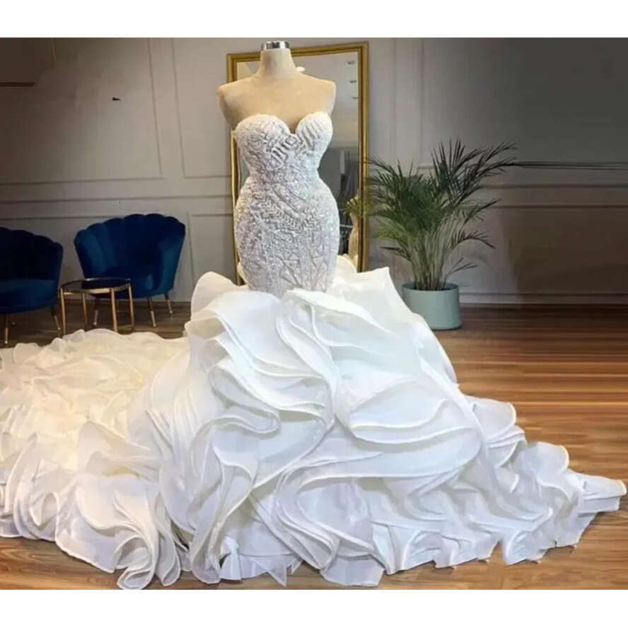 Wedding Mermaid Designer Dresses Bridal Gown Lace Applique Sweetheart Necke Ruffles Beaded Side Slit Custom Made Vestidos De Novia Plus Size