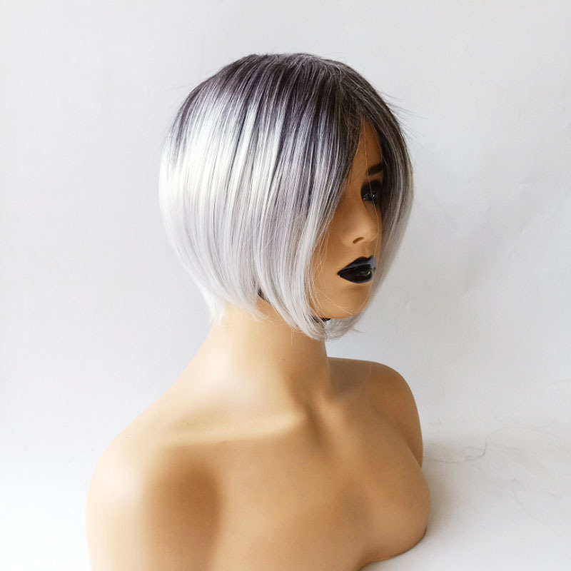 Wig women short hair synthetic wig women black gray gradient color bobo short straight hair