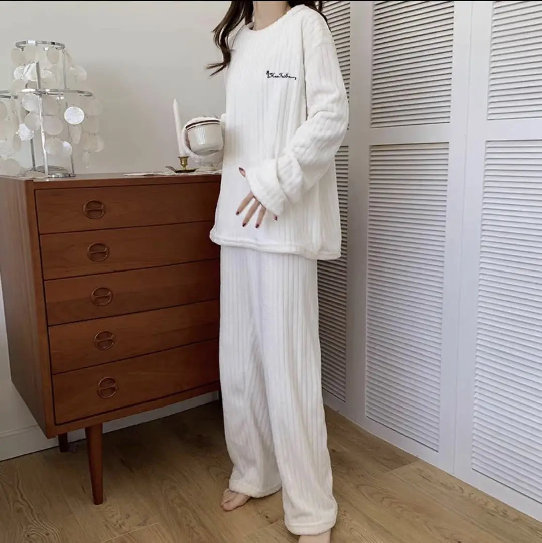 Women Pyjamas Sets Warm Pajama Flannel Thick Homewear Long Sleeve Cartoon Sleepwear Female Pajamas Suit Wearable 2 Piece 241105