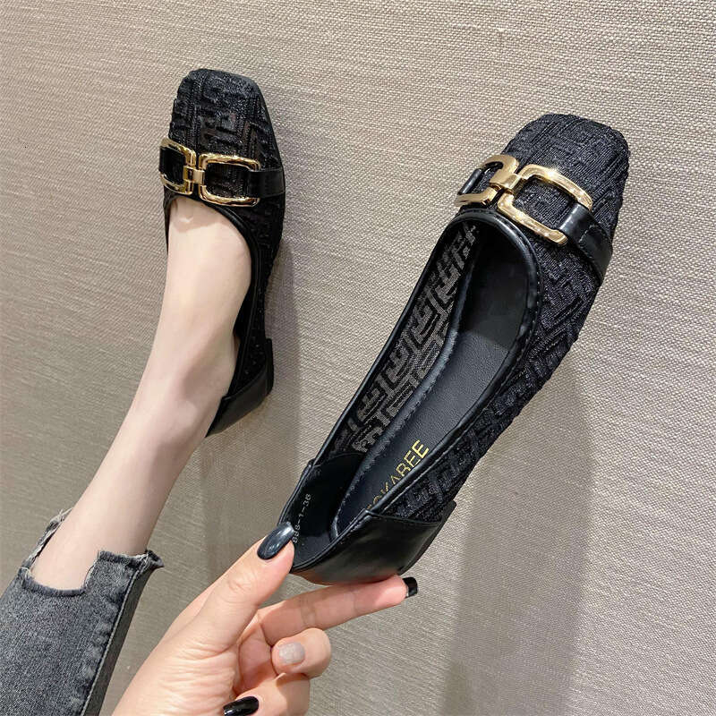 2023 Summer Style Square Head Shallow Mouth Hollow Mesh Breathable Scoop Flat Single For Women, Soft Bottom Comfortable Work Shoes