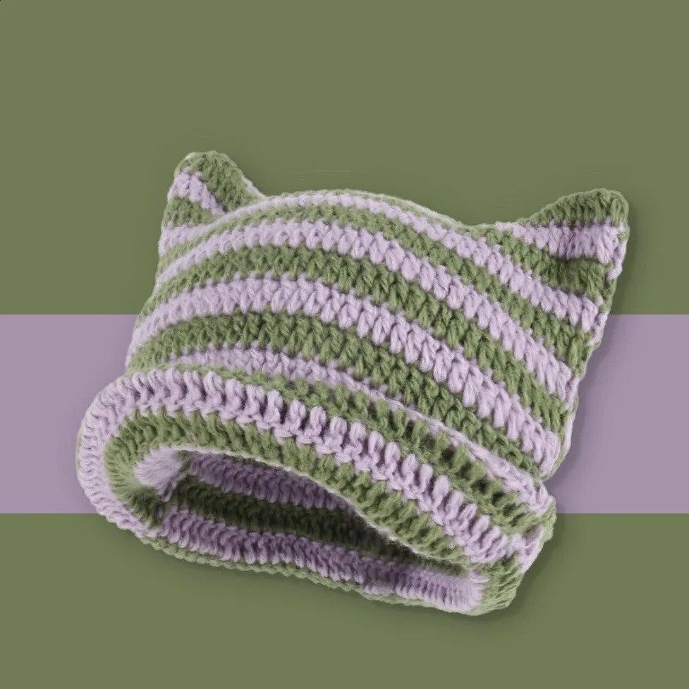 Autumn and Winter Woolen Hat Japanese Style Little Devil Handmade Stripesd Womens Cat Ears Warm Knitted Pullover 241105