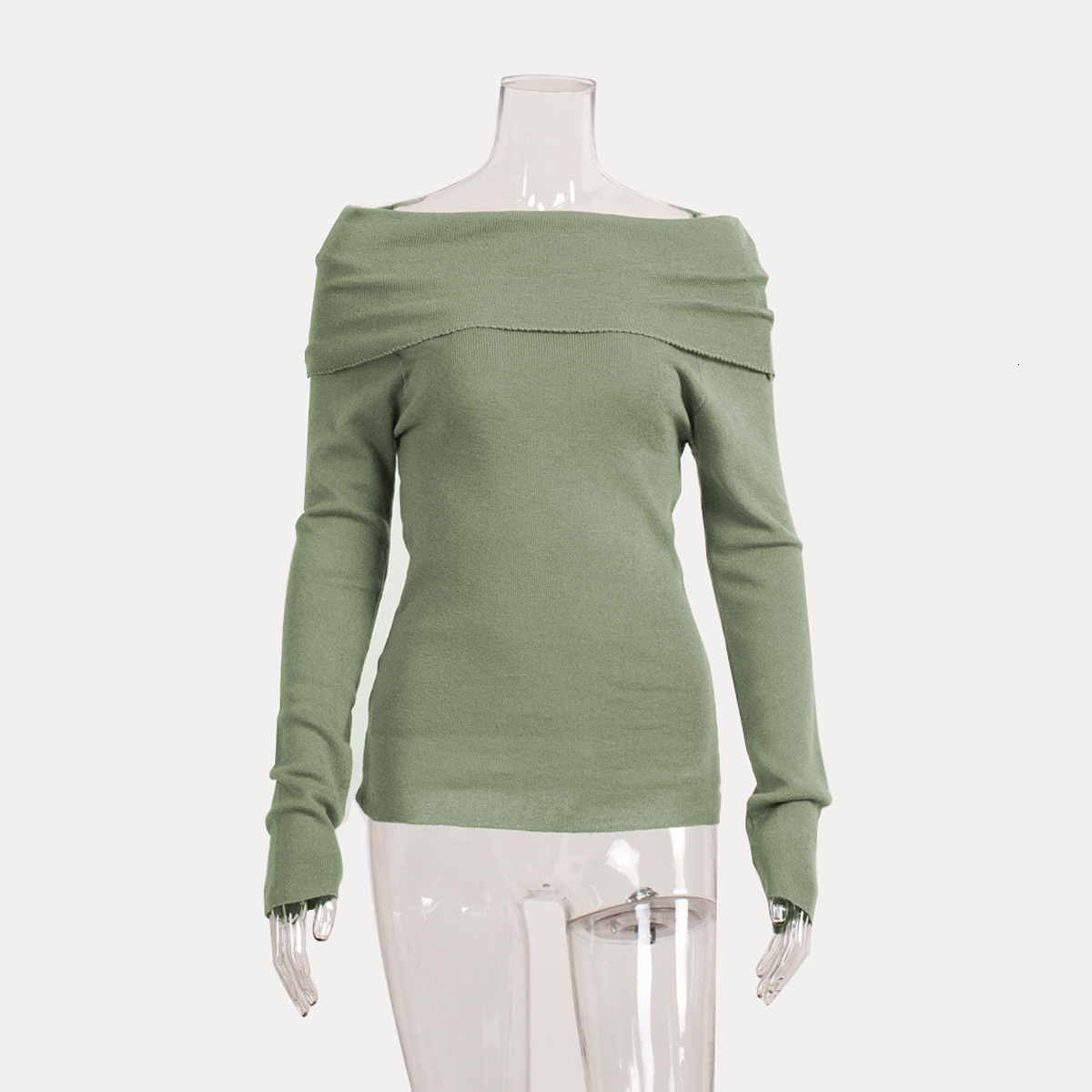 Spring Women's Sexy Slim Fit Solid Color Pullover One Line Neck Long Sleeved Knitwear Vintage Sweater