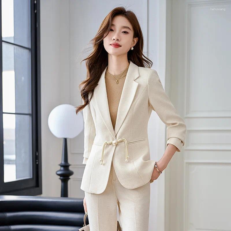 Chinese Style 2-Piece Women's Pants Suit, Elegant Buckle Overalls For Business Or Casual Wear