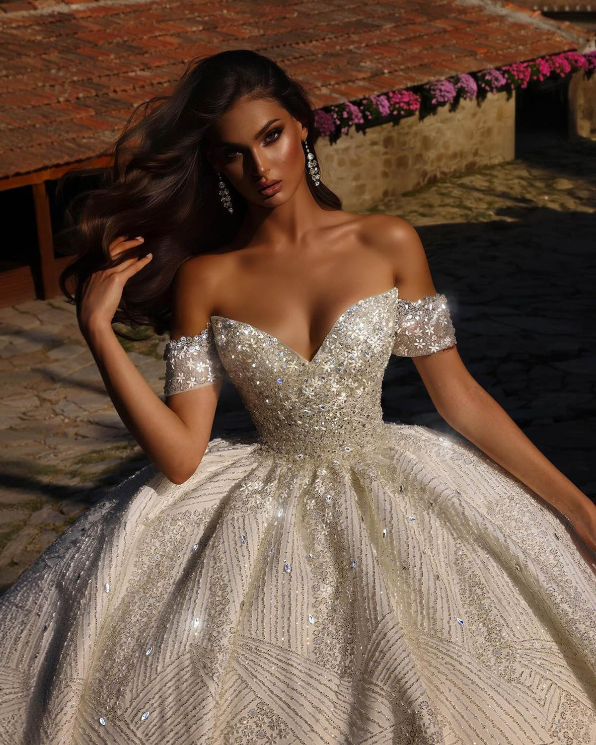 Wedding Dresses Sequins Crystal Bride Ball Gown Off Shoulder Princess Bridal Dress Short Sleeves Customized Vestidos De Novia