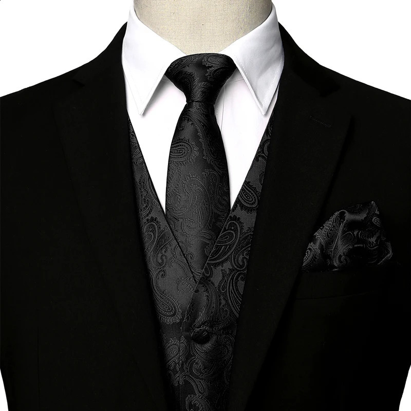 Mens Black Paisley Tuxedo Suit Vest Classic 3pc and Necktie Pocket Square Formal Dress Waistcoat for Gilet Homme 3XL 241105
