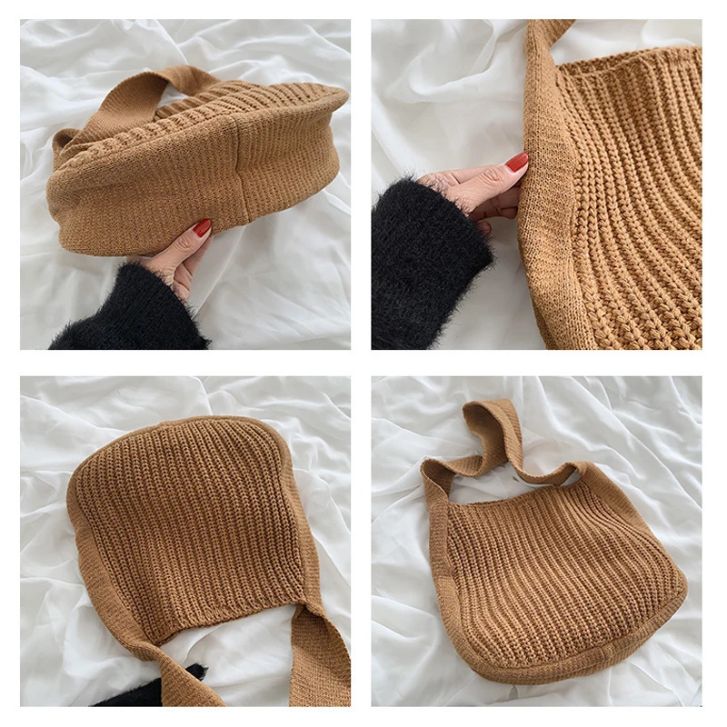 Korean Fashion Knitted Shoulder Shopping Bags For Women Vintage Soft Tote Bag Large Capacity Female Handbag Solid Sac 241104