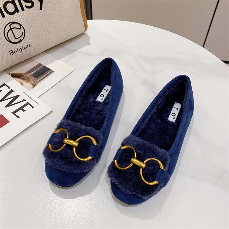 2023 Autumn/Winter New Single Women's Head Metal Buckle Hairy With Velvet Flat Bottom Outer Shallow Mouth Bean Shoes