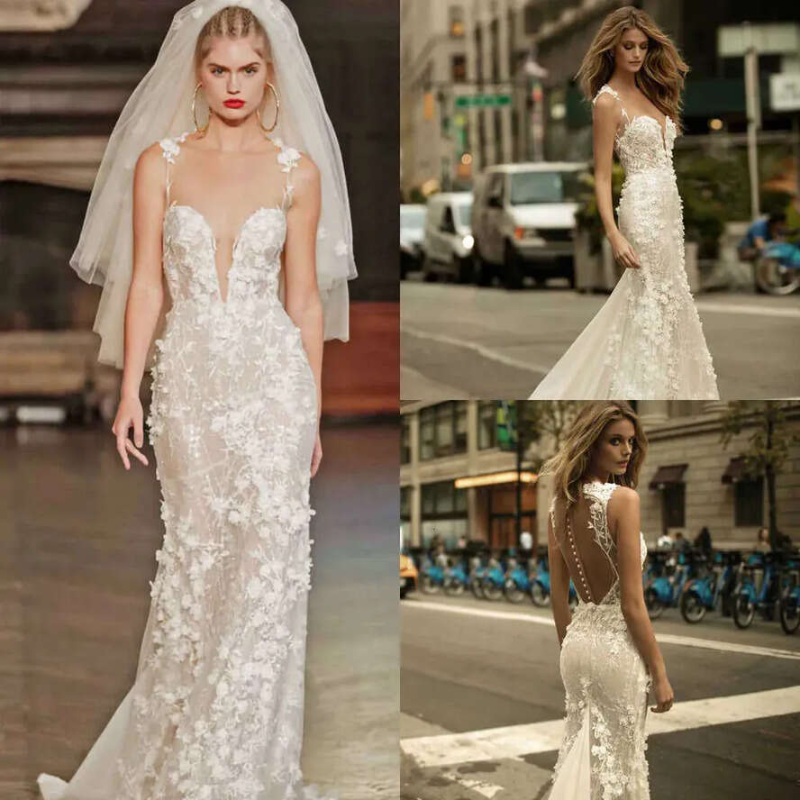 V Deep Spaghetti Dresses Berta Neck Sexy Full D Ral Applique Sweep Train Bridal Gowns Custom Made Wedding Dress