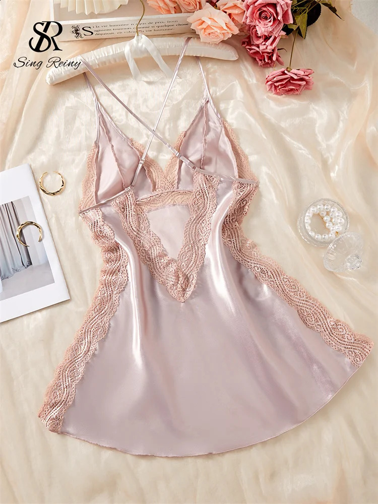 SINGREINY Female Fashion Erotic Backless Sexy Pajamas Cross Camis Sheath Night Dress Women Lace Spliced Club Split 241105