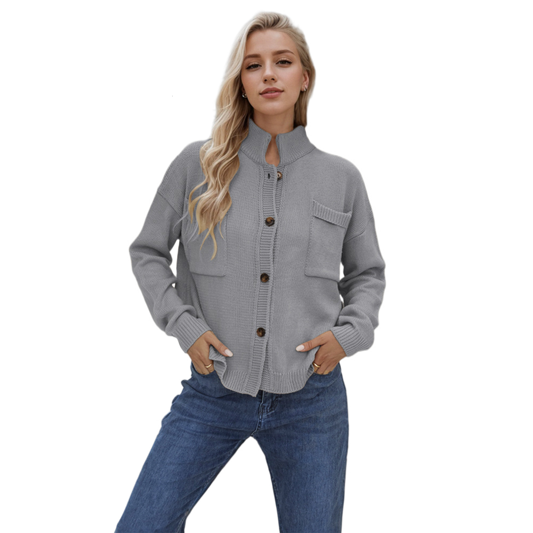 Knitted Jacket Stand Up Collar Large Sweater Solid Color Cardigan Women's New