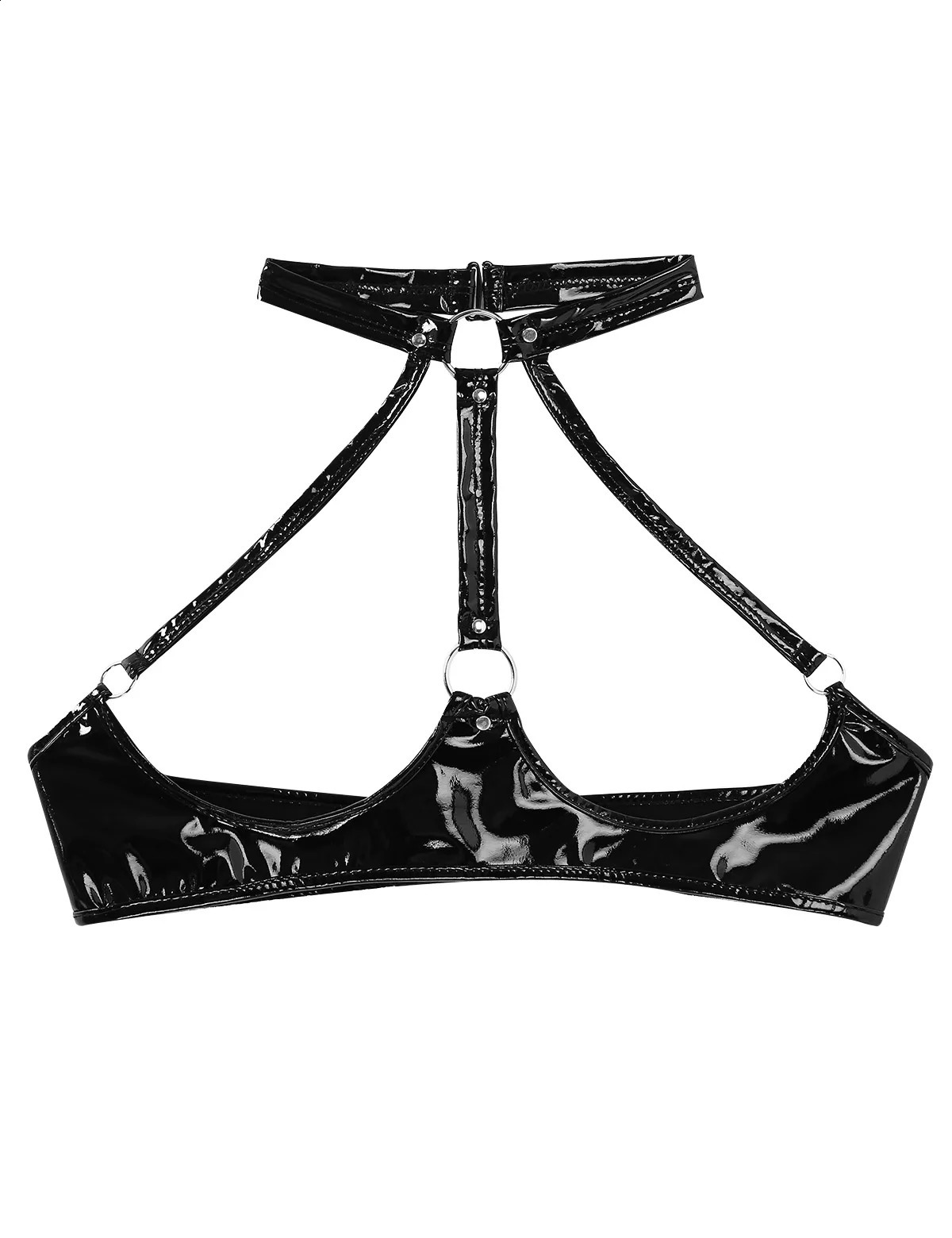 Womens Wet Look Patent Leather Bra Sexy Open Cups Nipple Wirefree Unlined Lingerie Halter Neck Backless Crop Tops Clubwear 241105