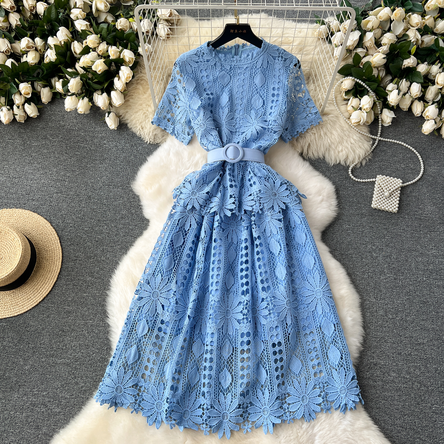 Basic Casual Dresses 2024 Runway Crochet Hollow Out Pink Midi Lace Dress for Women 2024 Summer Short Sleeve Embroidery Party Dress Elegant Holiday Rob