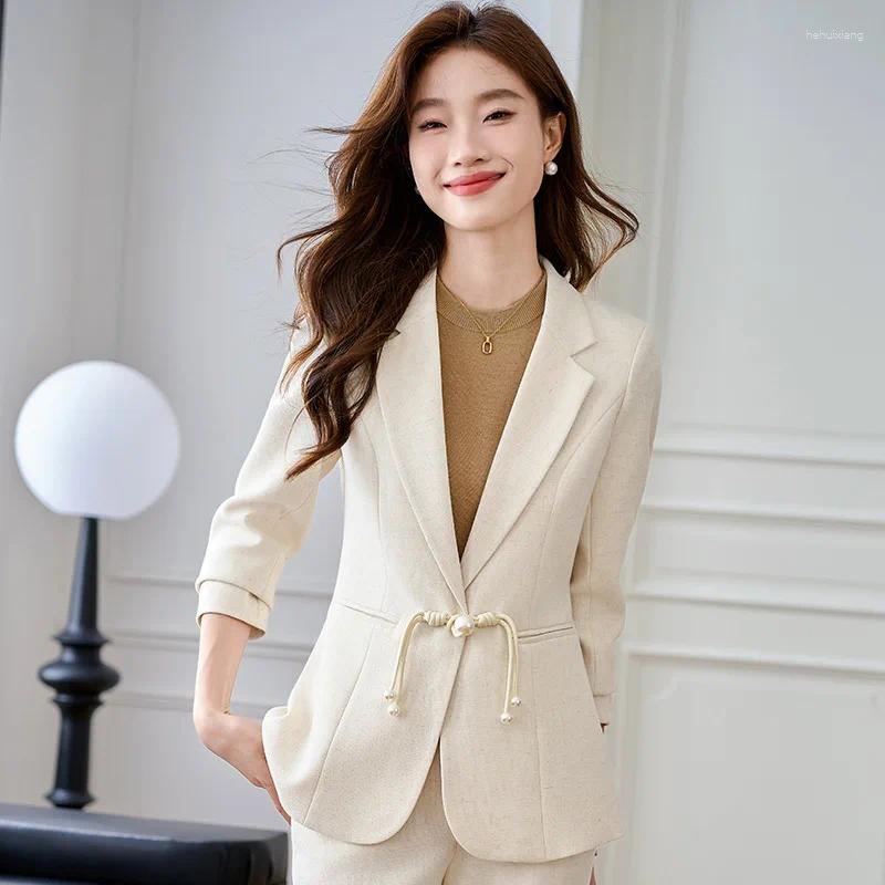 Chinese Style 2-Piece Women's Pants Suit, Elegant Buckle Overalls For Business Or Casual Wear