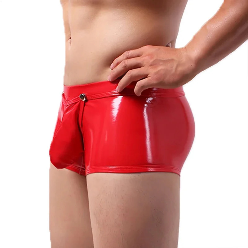 Exotic Mens Boxer Shorts PU Leather Button Open Crotch Boxershorts Trunks Clubwear Latex Underwear Nightclub Fetish Gay Panties 241105