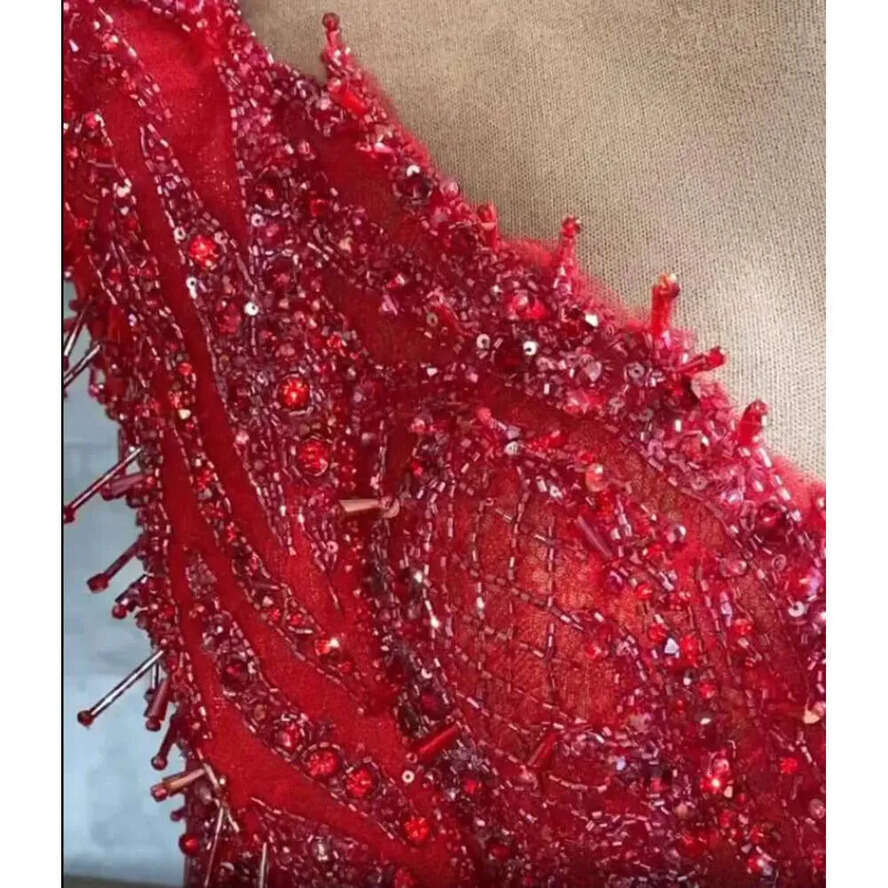 Urious Arabic Ebi Aso Red Mermaid Evening Beaded Lace Prom Dresses Sheer Neck Formal Party Second Reception Gowns Zj