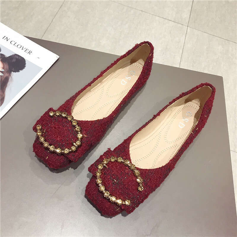 2023 Spring And Summer New Korean Versatile Square Head Water Diamond Button Red Wedding Women's Toast Dress Flat Follow Shoes