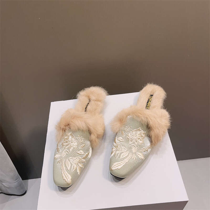 Korean Version Autumn Winter Simple Square Flat Bottom Hairy Shoes For Women With Soft Soles Plush Insulation, Featuring A Socialite Style Embroidered
