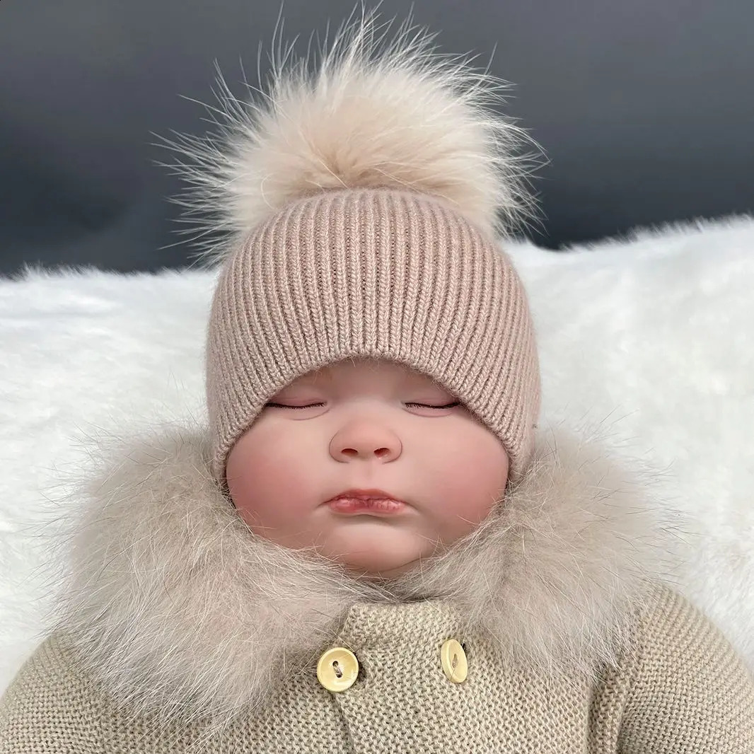 MISS KANEFUR born Knitted Hat Soft and Warm Angora Childrens Boys and Girls Fur Pom Hat Cute Baby Bear Childrens Hat 241105