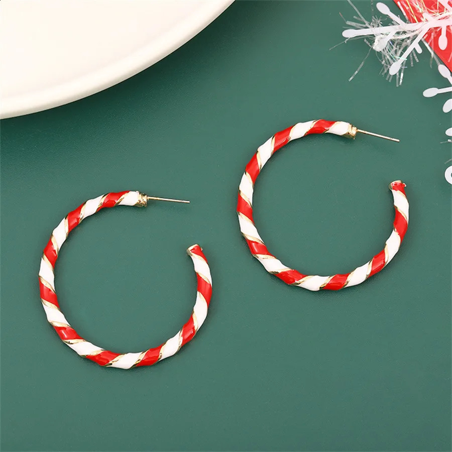 1 Pair Cute Circle Candy Cane Alloy Earrings Christmas Nordic Style Red Color Santa Jewelry Accessories 241105