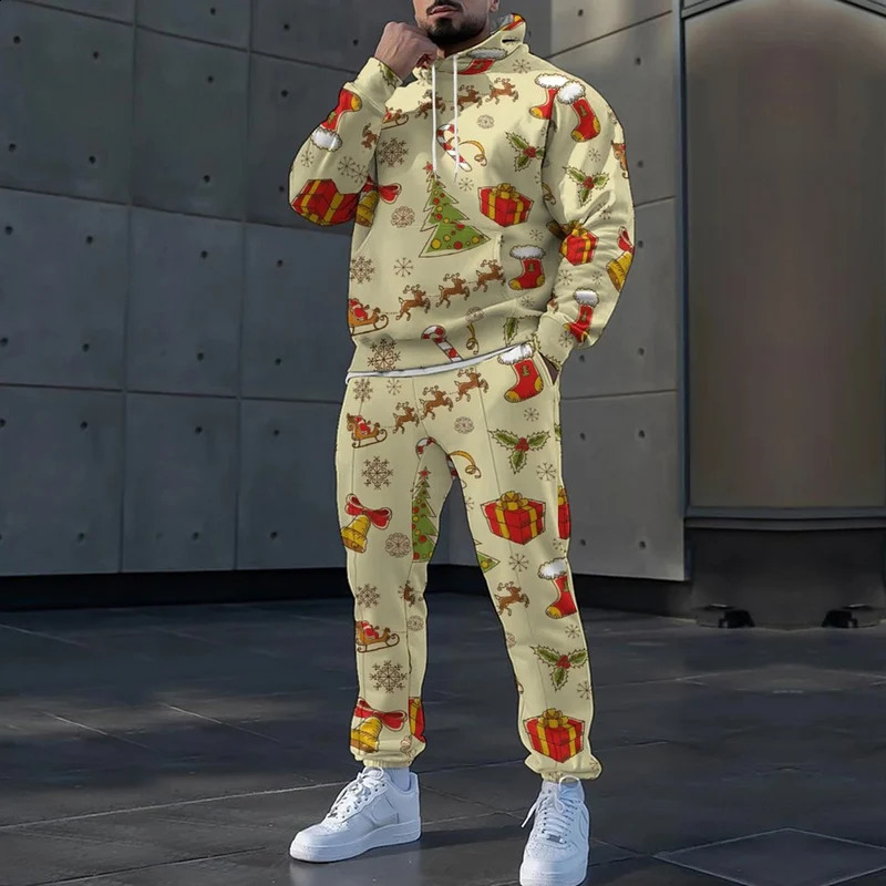 Elk Snowflake 3d Print Fashion Long Sleeve Hoodie Pants Suits Male Tracksuit Casual Drawstring Sweatshirt Men Two Piece Set 241105
