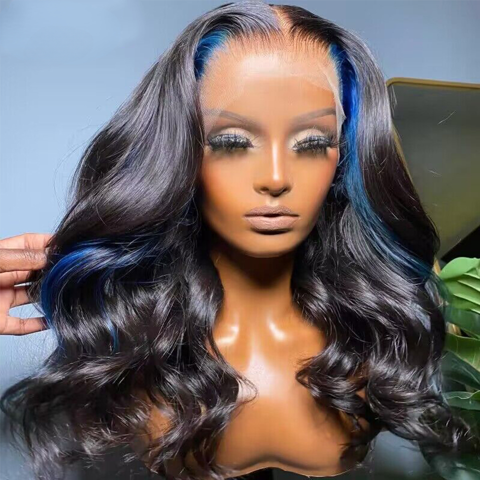 Free shipping 200density Peruvian Soft 13X4 Front Blue Highlight Black Wigs Transparent Lace Frontal Silation Human Hair Body Wave Wig for Women