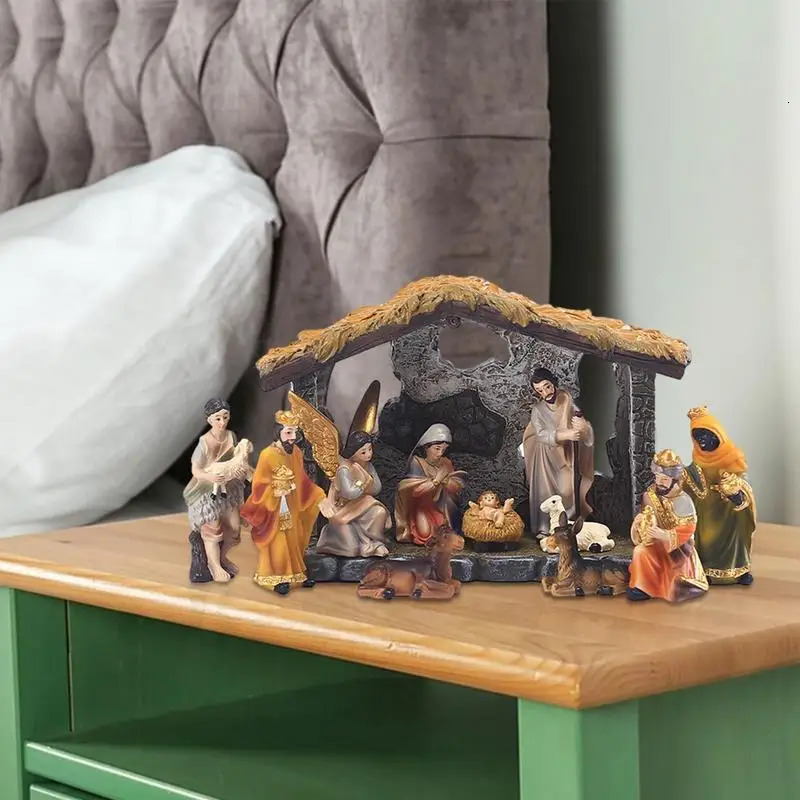 12pcs Set Christmas Manger Nativity Set Real Life Nativity Jesus Manger Christmas Crib Ornament Holy Family Crafts Statue Decor 241104