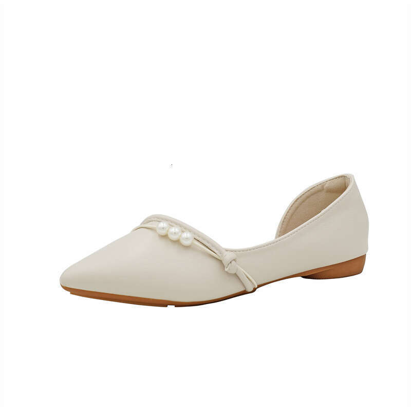 Evening Breeze Gentle Shallow Mouth Single Shoe Women's Apricot Color Spring And Summer New Pearl Soft Leather Side Hollow Pointed Flat Bottomed 