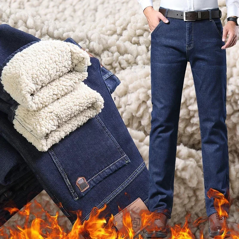 Winter Mens Fleece Thick Sherpa Jeans Business Casual Velvet Straight Denim Pants Male Wool Plush Classic Stretch Trousers 241105