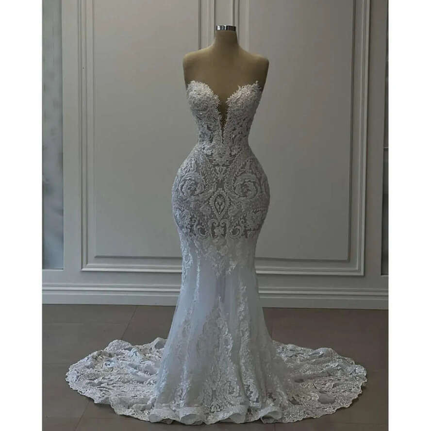 Mermaid Elegant Sweetheart Fulllace Special Drs Bridal Gowns Backls Sweep Train Lace Digner Robe De Mariage Bc